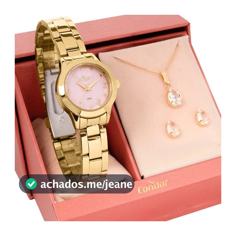 Relógio Feminino Condor Dourado Fundo Rosa Com Conjunto Semi-joia Co2036mxe/k4t