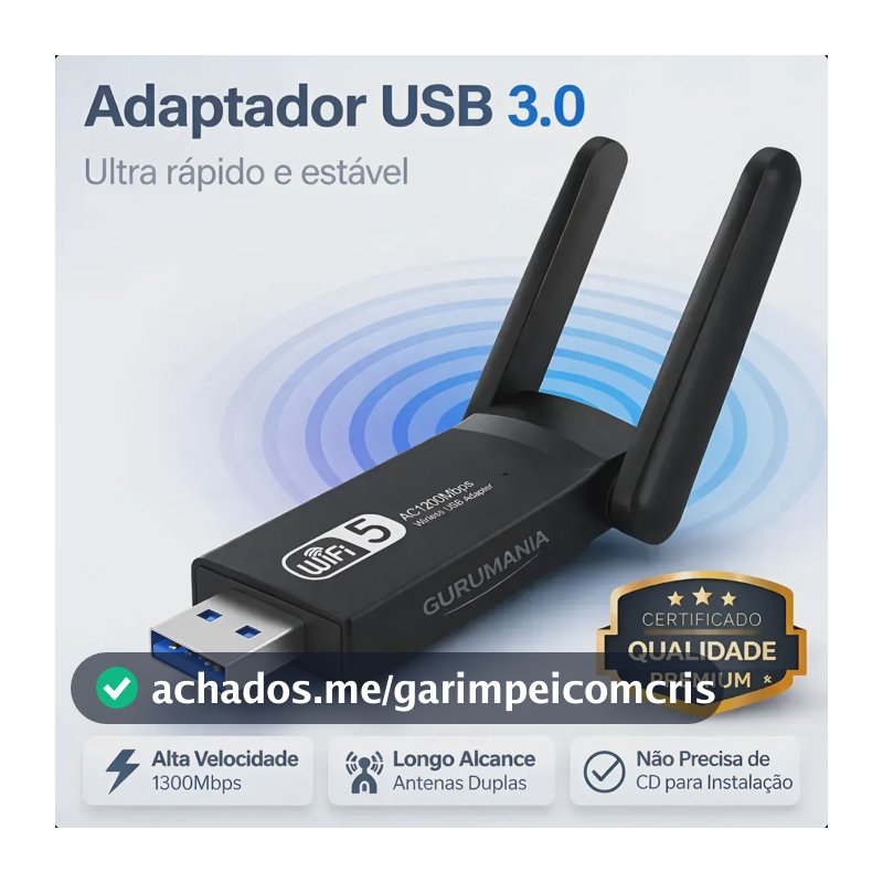 Adaptador Wifi Usb 3.0 Placa De Rede Para Computador Pc Notebook Dual Band 1300Mbps Gigabit 2 Antenas - Gurumania