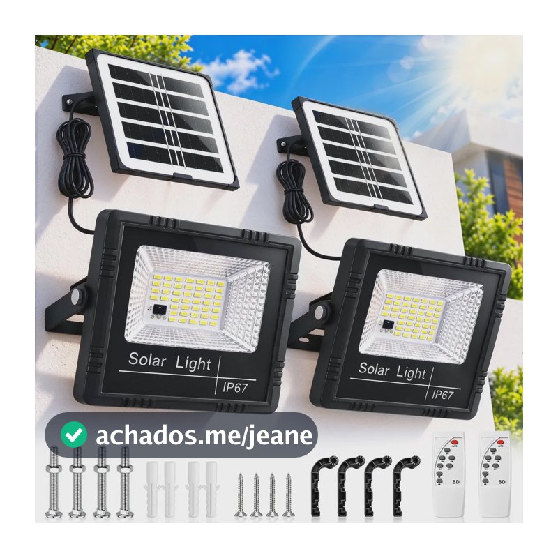 Kit 2 Refletor Solar Led Holofote 300w Placa Prova D'água Bateria Controle Remoto Ip67 Luz Branco Frio Externo