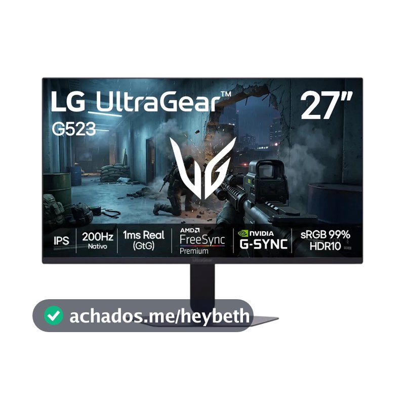 LG UltraGear Monitor Gamer 27" IPS 200Hz, 1ms (GtG), Full HD (1920x1080), HDR10, NVIDIA G-SYNC AMD, FreeSync Premium, sRGB 99%, Preto - 27G523B