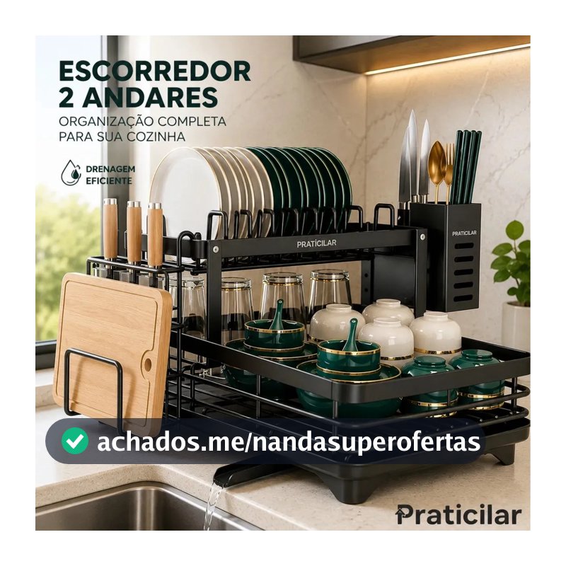 Escorredor De Louça Secador De Pratos Cozinha Aço Inox Preto 2 Andar Porta Talher Tigela E Copos Praticilar