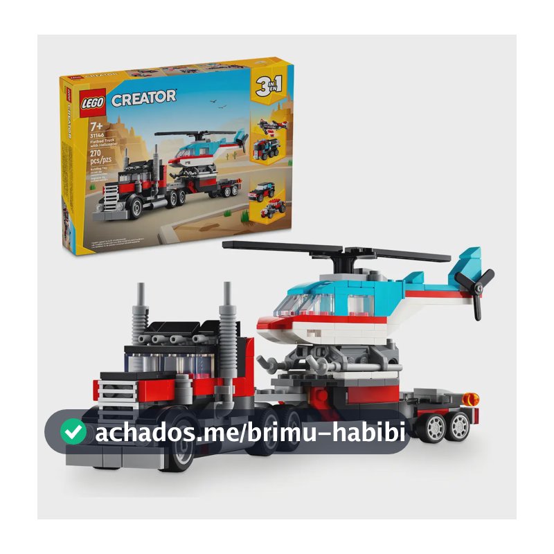 <p>LEGO® Creator 3 em 1 – Caminhão Plataforma com Helicóptero, Jogo de Carro Hot Rod, Avião de Brinquedo, Caminhão de Brinquedo, Miniatura de Avião, Presente para Criança de 7 Anos 31146</p>