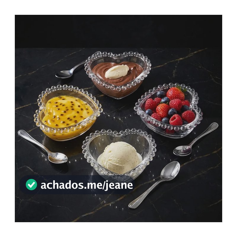 Kit 4 Bowl Vidro Cristal Coração Sobremesa Petisco Pequeno Transparente