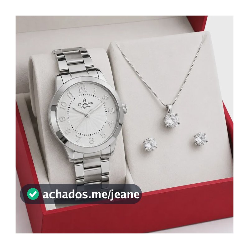 Kit Relógio Feminino Analógico Champion Original Prata CN25118Q Prova D´Agua 50 Metros + Colar E Brincos Presente Perfeito