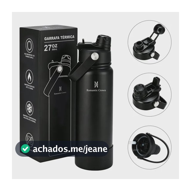 Garrafa Térmica 800ml Inox Bico Duplo Canudo Alça Esporte Preto
