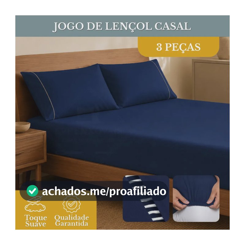 Jogo de Lençol Casal 3 Peças 400 Fios Micropercal Azul-marinho Elástico