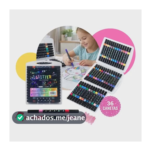 Canetinhas Glitter Estojo 36 Canetas Ponta Dupla 72 Cores Preto Glitter Gurumania