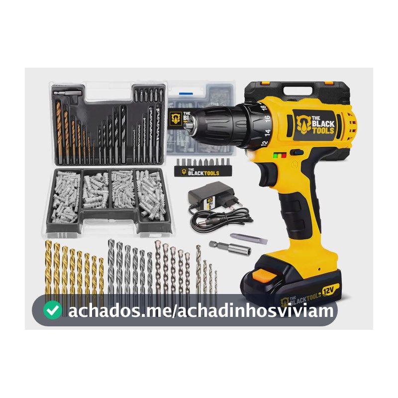 Parafusadeira Furadeira A Bateria 3/8” 10mm 1350rpm Bivolt The Black Tools + Jogo De Brocas Bits E Buchas 300 Peças