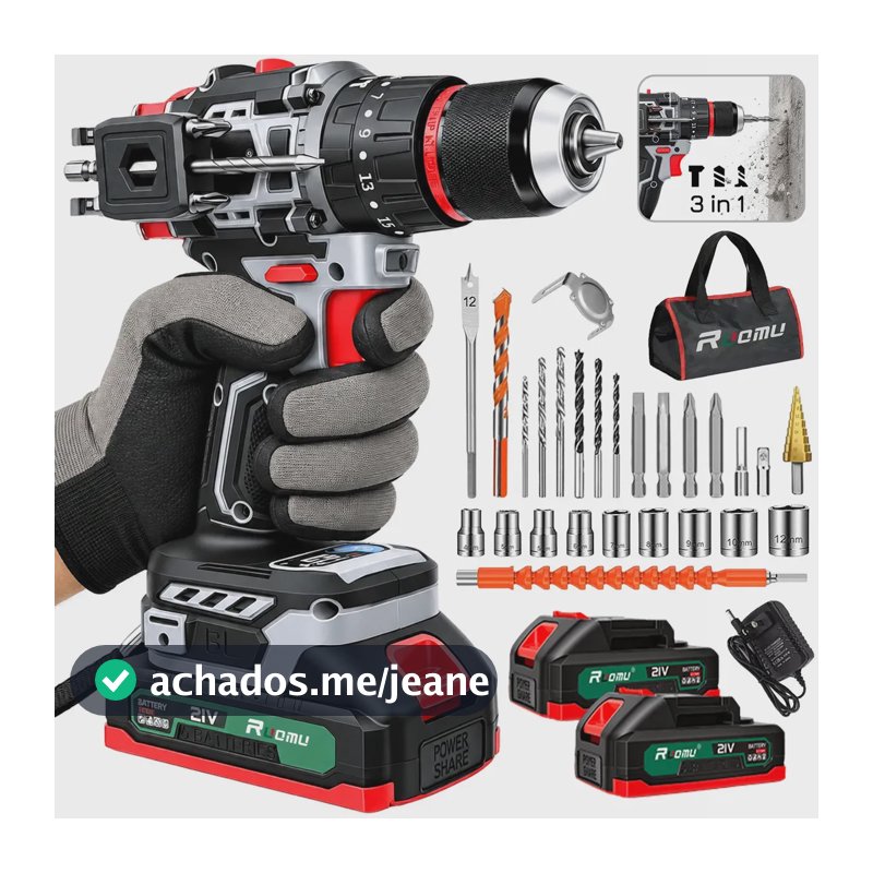 Parafusadeira Furadeira De Impacto Sem Fio Brushless 10MM Mandril Bivolt Com 2 Baterias Recarregáveis