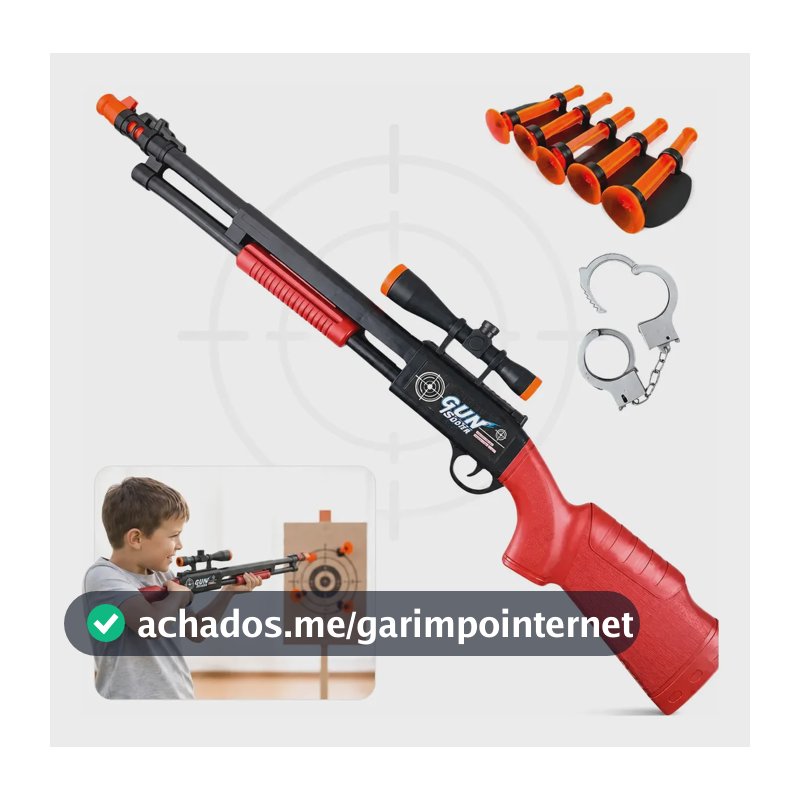 Rifle Arminha Espingarda De Brinquedo Lança Dardos Com Ventosa Mira Sniper Com Par Algemas Ação Policial Infantil Kizumba