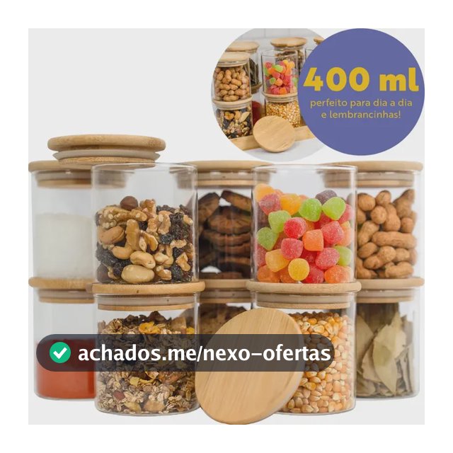 Kit 10 Pote Vidro Hermético Tampa De Bambu 400ml Cozinha Transparente