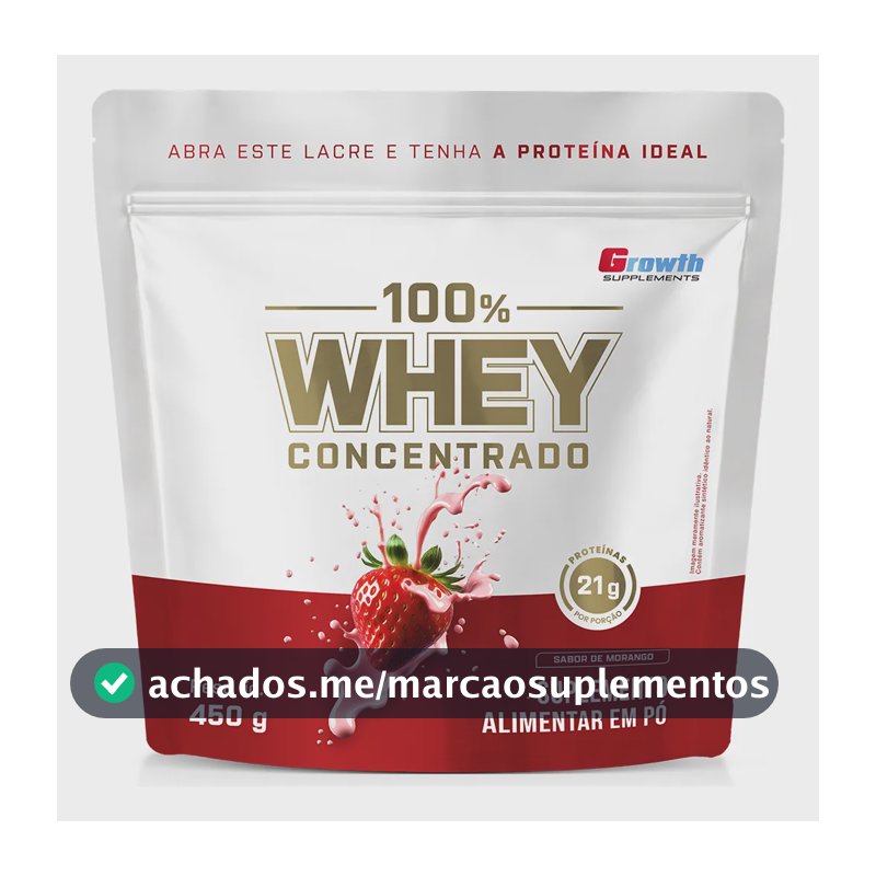 100% Whey Concentrado 450g Growth Supplements Morango