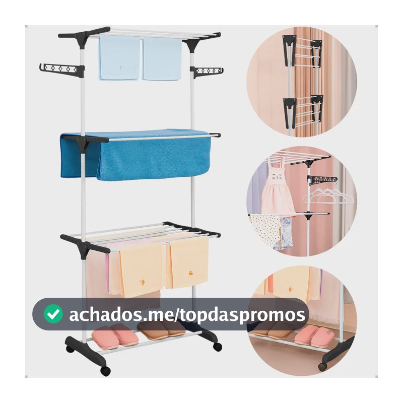 Varal Dobrável De Chão 3 Andares De Roupas Grande Com Rodinha Resistente Durável Irsina