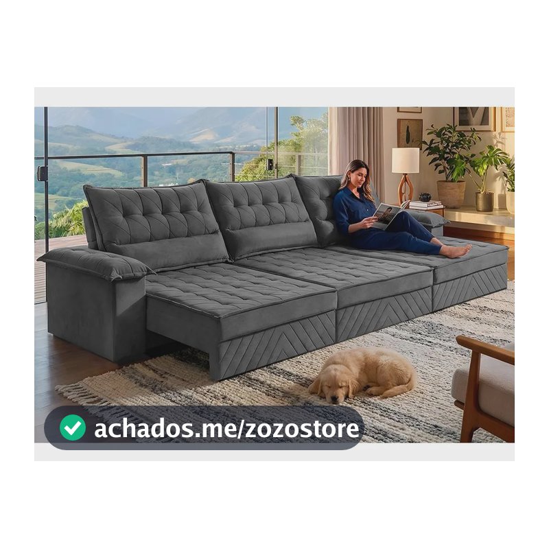Sofá Retrátil 3,60m Molas E Espuma D33 Thunder. Cama Inbox Cinza Liso
