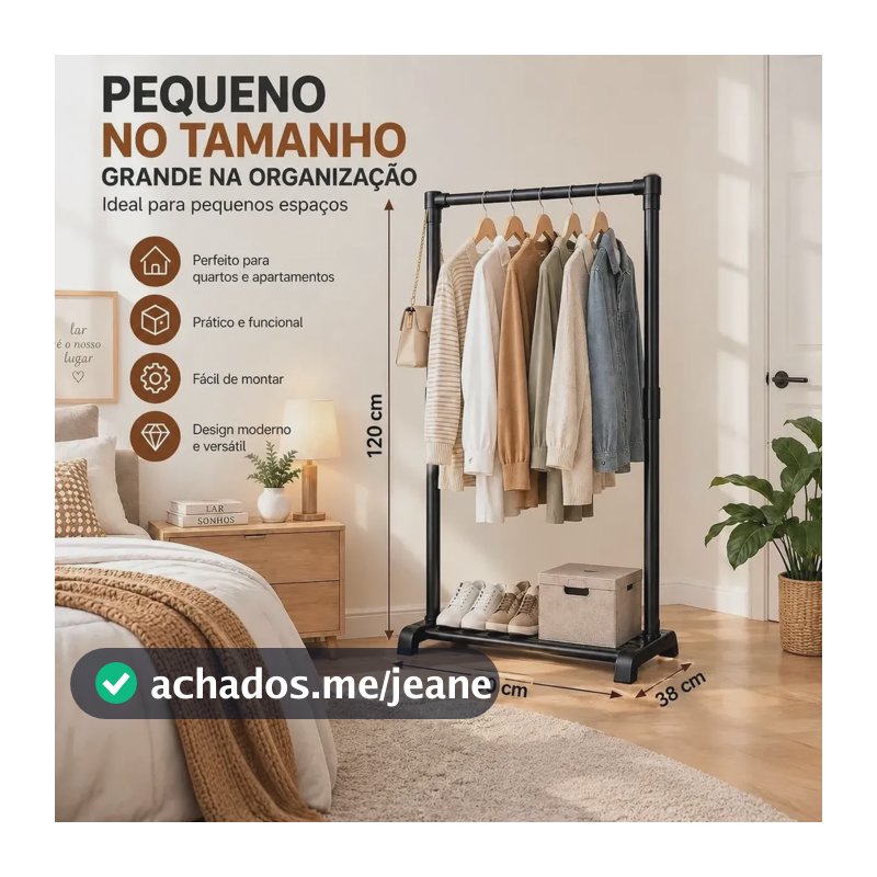Cabideiro Arara De Roupas Organizador Quarto Closet Aço 60cm Preto  Aço Carbono + Plástico