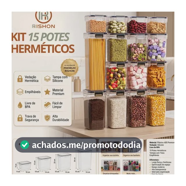 Kit 15 Potes Hermético Cadencia Mantimentos Retangular Cozinha Branco Rishon 22,4 Litros