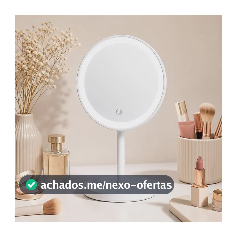 Espelho Led De Mesa Touch Recarregável Usb E 3 Cores De Luz Redondo - Branco