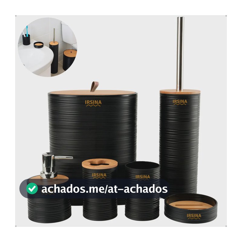 Kit Banheiro Conjunto De Acessórios Moderno Bambu Lixeira Saboneteira Escova Cor Preto Irsina