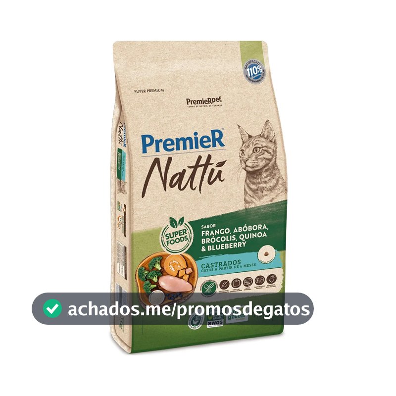 Ração Premier Nattu Gatos Adultos Castrados Abóbora 7,5kg
