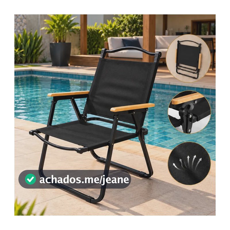 Cadeira de Praia Dobrável Aço Reforçado 150kg Piscina Camping Pesca Jardim Portátil Resistente Apoio de Braço Madeira Confortável para Lazer