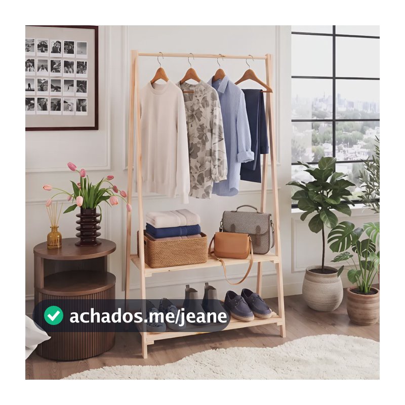 Closet Aberto Arara Quarto Cabideiro Madeira Prateleira Marrom-claro