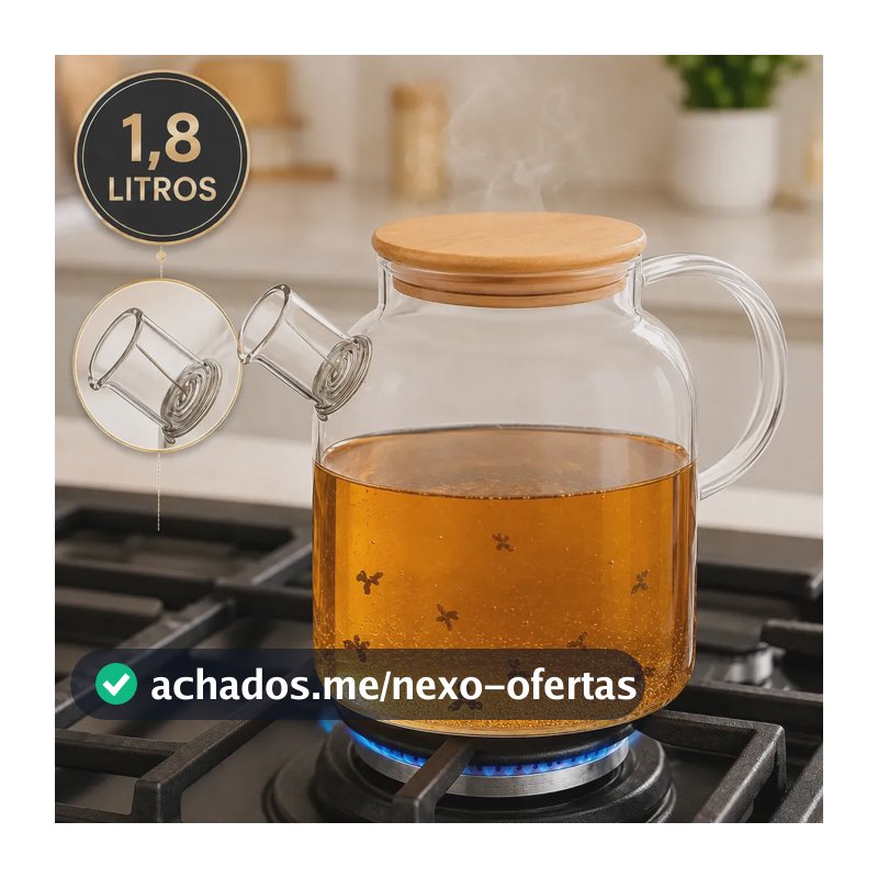 Bule de Vidro Borossilicato 1,8L 1800ml Chaleira com Tampa de Bambu Filtro Infusor Inox para Chá Café Água Quente Transparente Sólar