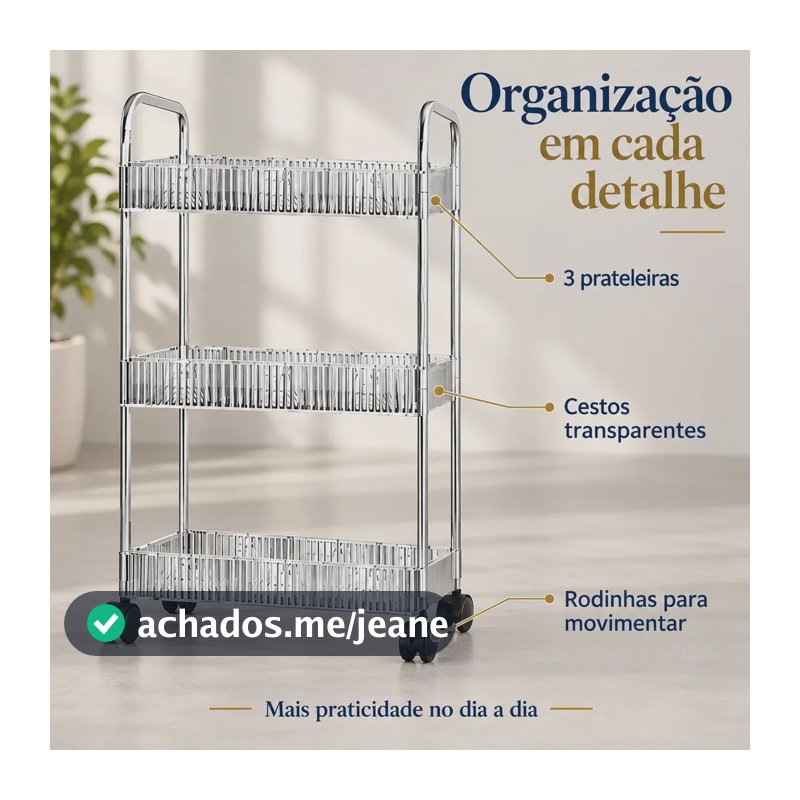 Carrinho 3 Prateleiras Rodinhas Manicure Fruteira Portatil Transparente