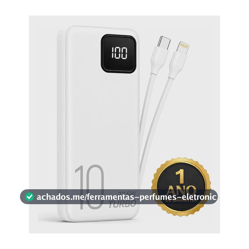 Carregador Portátil Power Bank Turbo 10000mah Universal Para iPhone Samsung Motorola Xiaomi 22.5w Com Display Digital Branco Dtimp
