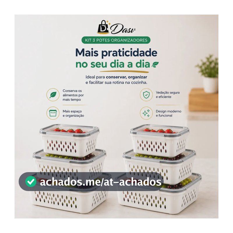 Conjunto Kit 6 Organizadores Geladeira Transparente Hermético Escorredor Cesto Frutas Alimentos Verduras Legumes Dasv