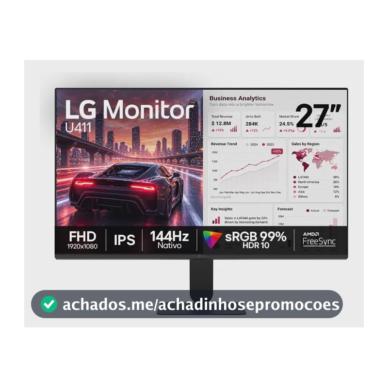 Monitor LG FHD Gamer & Office tela IPS 27”, 1ms (MBR), 144Hz Nativo, FreeSync, HDR10, sRGB, Modo leitura, Flicker Safe, HDMI, Black Stabilizer, Dynamic Action Sync, Preto - 27U411B