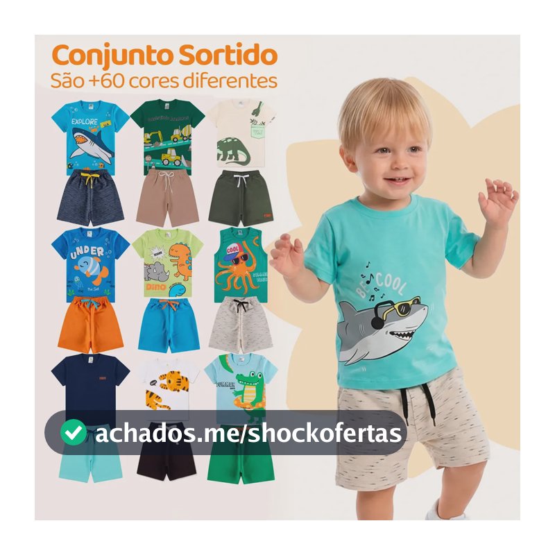 Kit Infantil 10 Peças Menino Conjunto 5 Shorts+5 Camisetas Kit 5 Conjuntos Infantil 8 Peças 3 - Veste 2 Anos