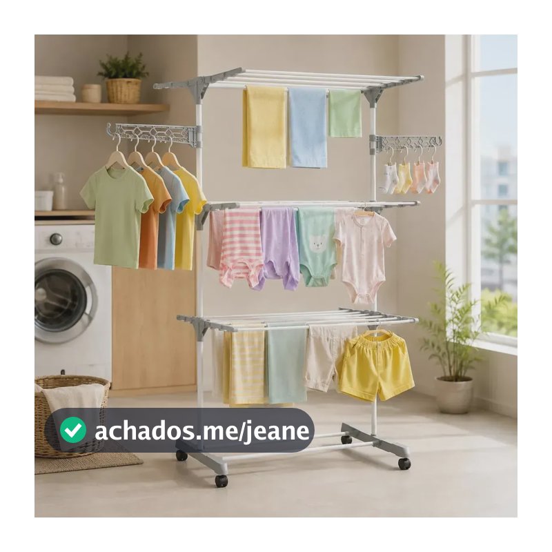 Varal Chão Dobrável 3 Andares 30kg Com Rodinhas E Cabides
