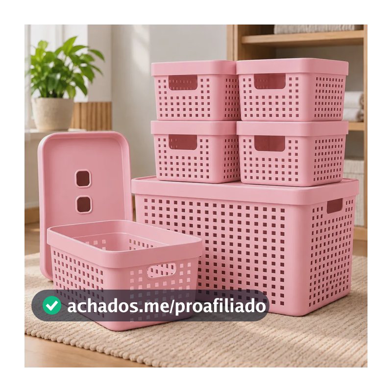 Kit 6 Caixas Organizadoras Com Tampa Invisivel 2l 4,5l 17l Cor Rosa