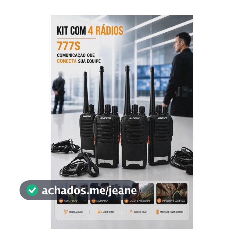 Kit 4 Rádios Comunicadores Baofeng 777S Profissional Eventos - Com Fone Microfone e Acessórios - Radio De Comunicação Segura Longo distancia Com 16 Canais Hardline