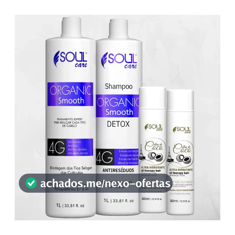Kit Selagem Orgânica Sem Formol Soul Care com 4 Produtos, Máscara Antifrizz, Shampoo e Condicionador Pós-Química, Alinhamento Capilar, Redução de Volume, Brilho e Maciez