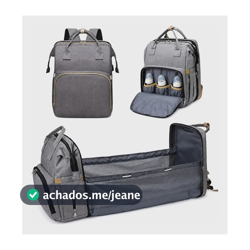 Mochila Bolsa Maternidade Térmica Vira Berço Unissex Cinza Cinza Liso