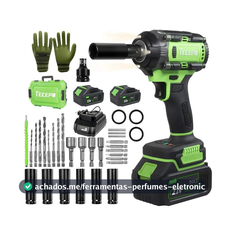 Chave De Impacto 400n.m Sem Escova Tecepo Com 2 Baterias 4ah Verde-limão 60hz