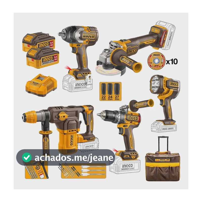Ingco Combo: Furadeira + Chave Imp + Esmeril + Martelo Rotativo