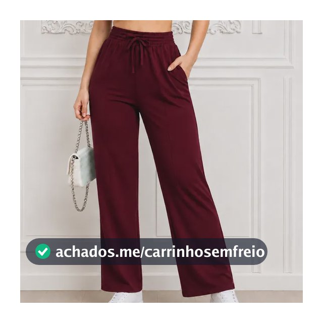 Calça Pantalona Moletinho Wide Leg Feminina Elástico Bolso