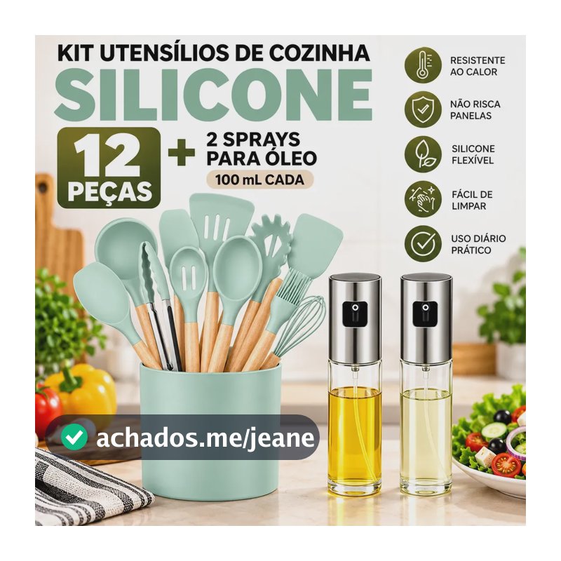 Kit Utensílios De Silicone 12 Peças +2 Sprays Pulverizador Verde-claro