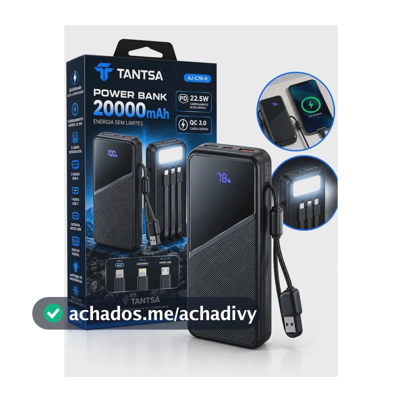 Power Bank Tantsa 20.000mAh Turbo com 4 Cabos Integrados e Lanterna de Emergência