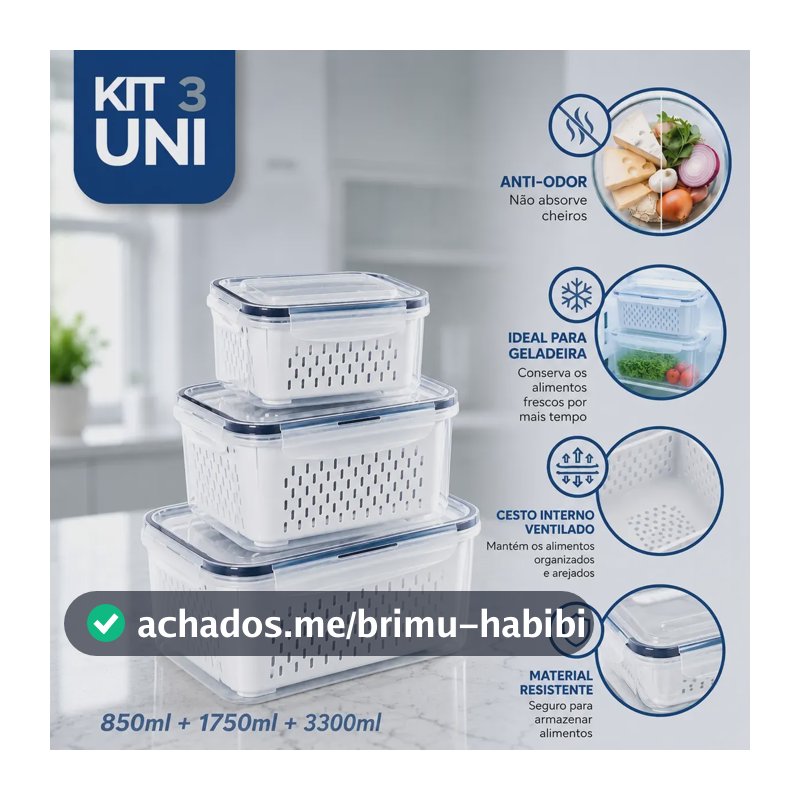 Kit 3 Recipientes Vedação Hermética Empilháveis Conservar Branco