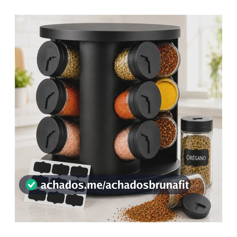 Porta Temperos Condimentos 9 Unidades Potes Vidro Base Giratória Preto Organizador Cozinha Dosador Sólar