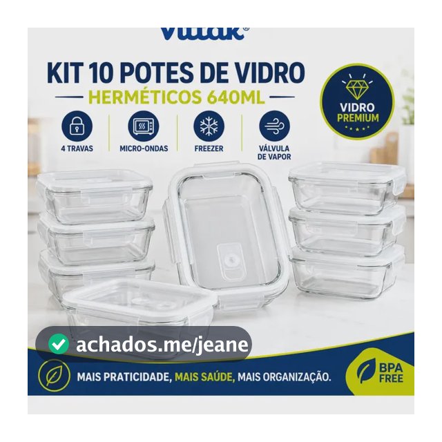 Vittak Kit 10 Potes Vidro Hermético Com 4 Travas Marmita Microondas Freezer Transparente 640ml