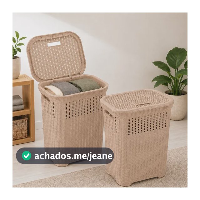 Cesto De Roupa Rattan 50l Com Tampa Basculada Grande Giplast Nude