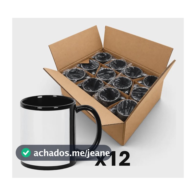 Kit 12 Canecas Preta Tarja Branca Sublimação 325ml Jkb Aaa+ Preto Aaa+