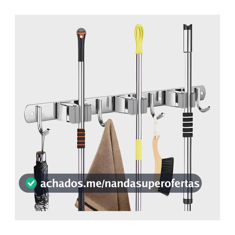 Suporte Vassoura Inox Parede Mop Rodo 7 Organizador Pano
