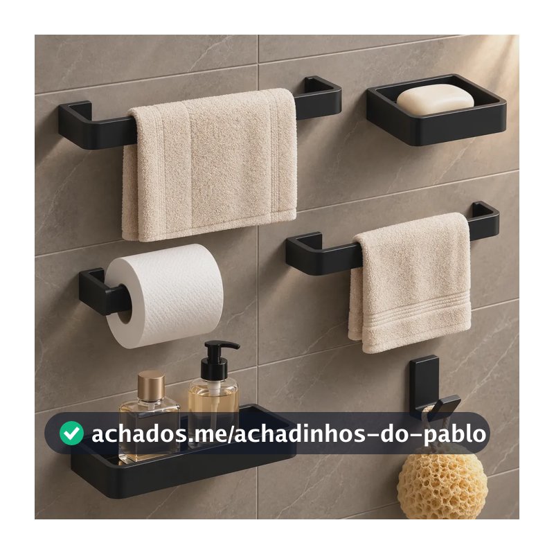 Kit Acessórios Para Banheiro Lavabo PROMOUNT Cabide Toalheiros Papeleira 6 Peças Quadrado Aço Inoxidavel Premium - Preto