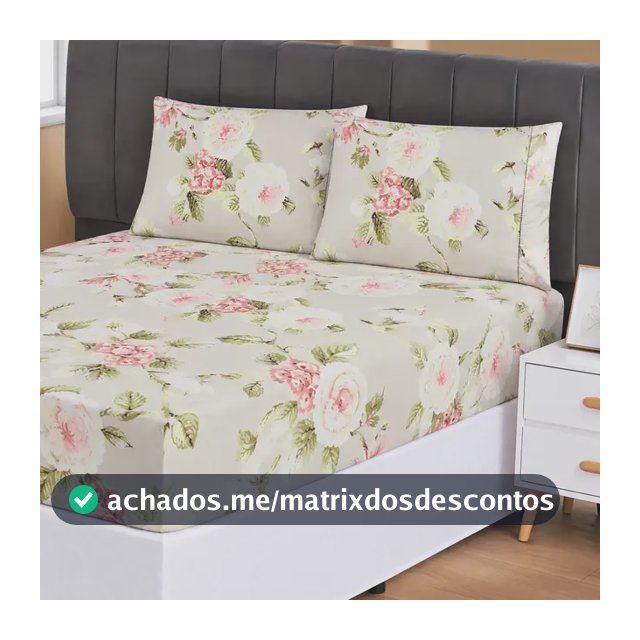 Jogo Lençol Casal 3pç 400 Fios Hipercal Conforto Macio Rosas Verde Estampado