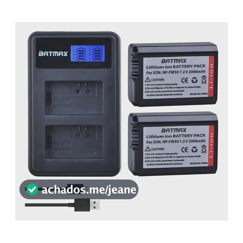 Kit 2 bat np-fw50 + carregador duplo a6500 a7s2 a6000 Batmax
